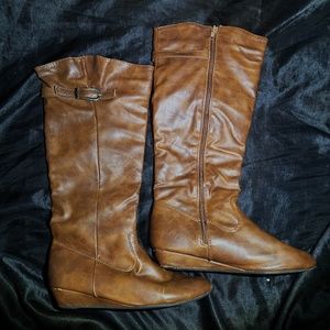 Brown Faux Leather Buckle Zippered Heeled High Boots Size 8